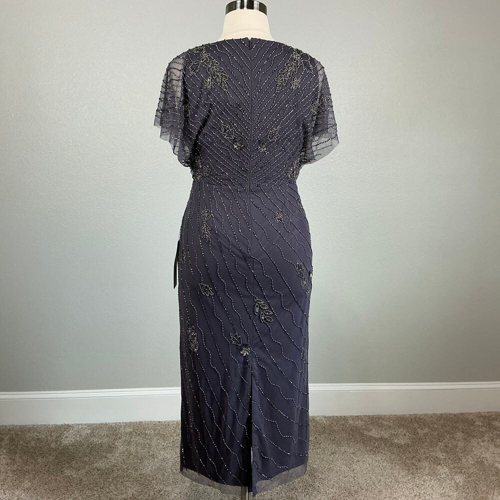 Adrianna Papell Beaded Short Flutter Sleeve Midi Sheath Gown Gray Size 14 Dress - Picture 7 of 13